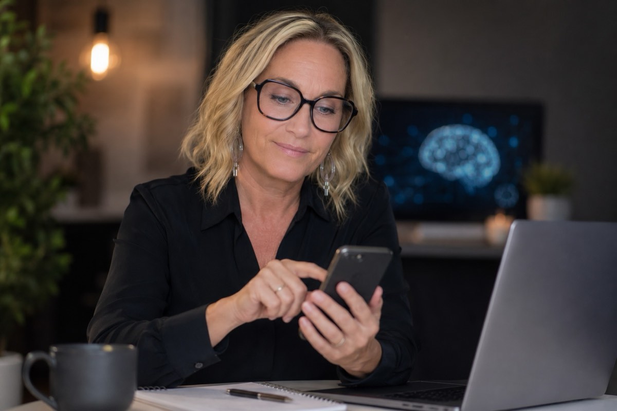 Jenniefer Kindstrand arbetar med telefon och laptop.